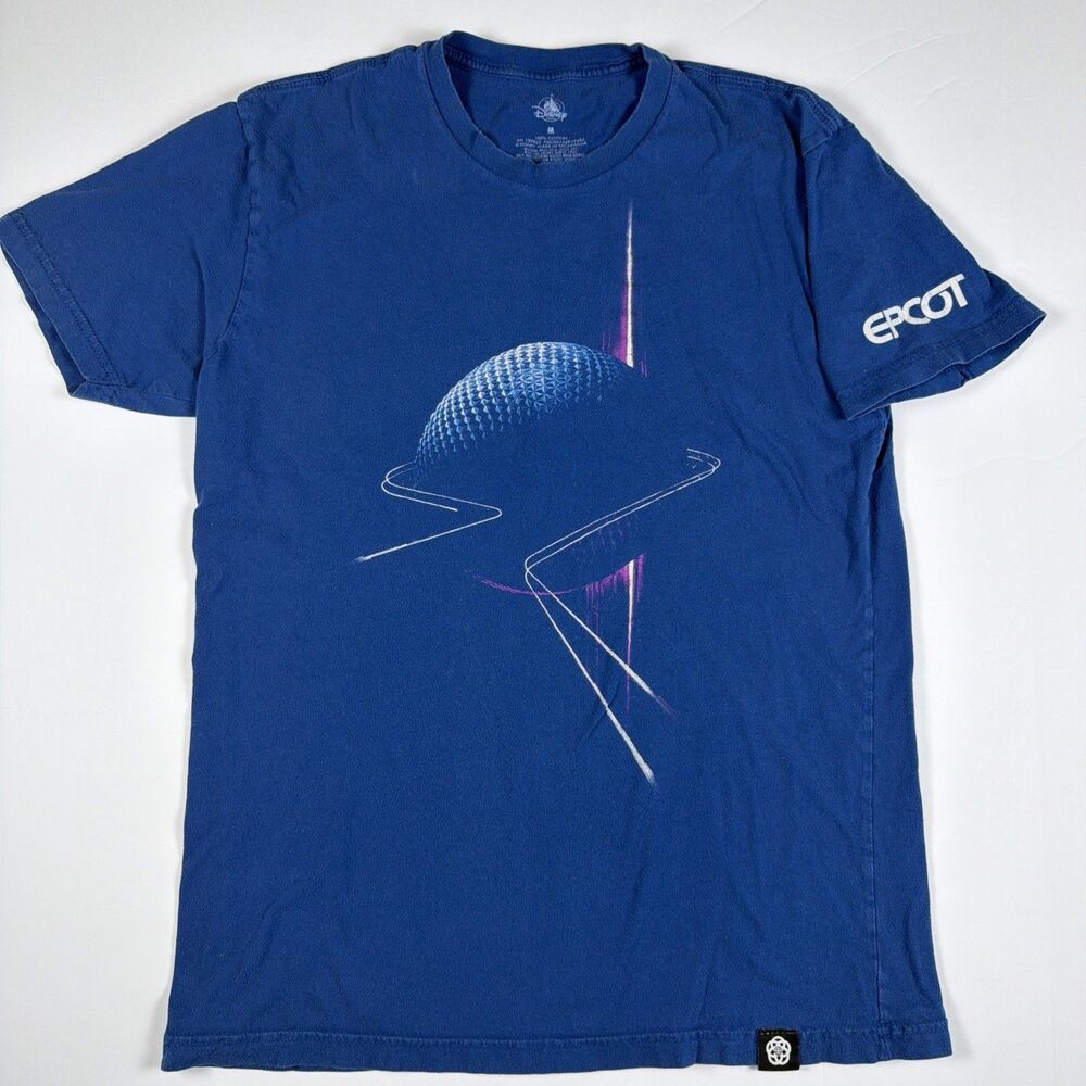 Disney Parks EPCOT Spaceship Earth Graphic Tee Blue Mens M Retro Short Sleeve